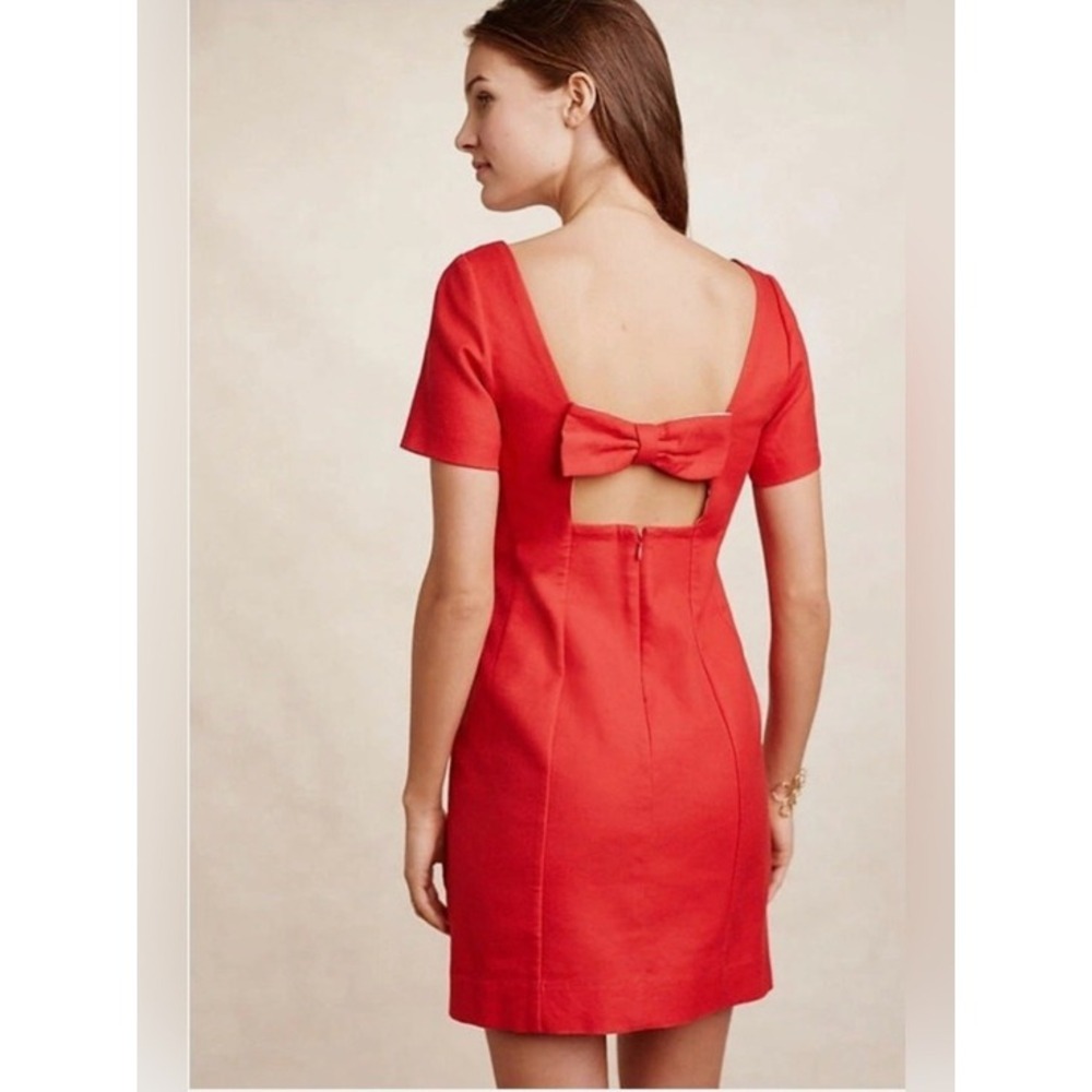 Anthropologie Bow Back Mini Dress Size 2 Women Red Short Sleeve Open Back Sheath